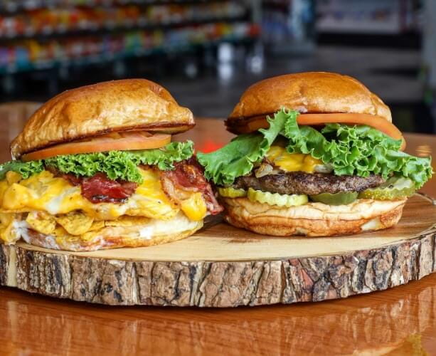 Two Juicy Taystee's Burgers on Display